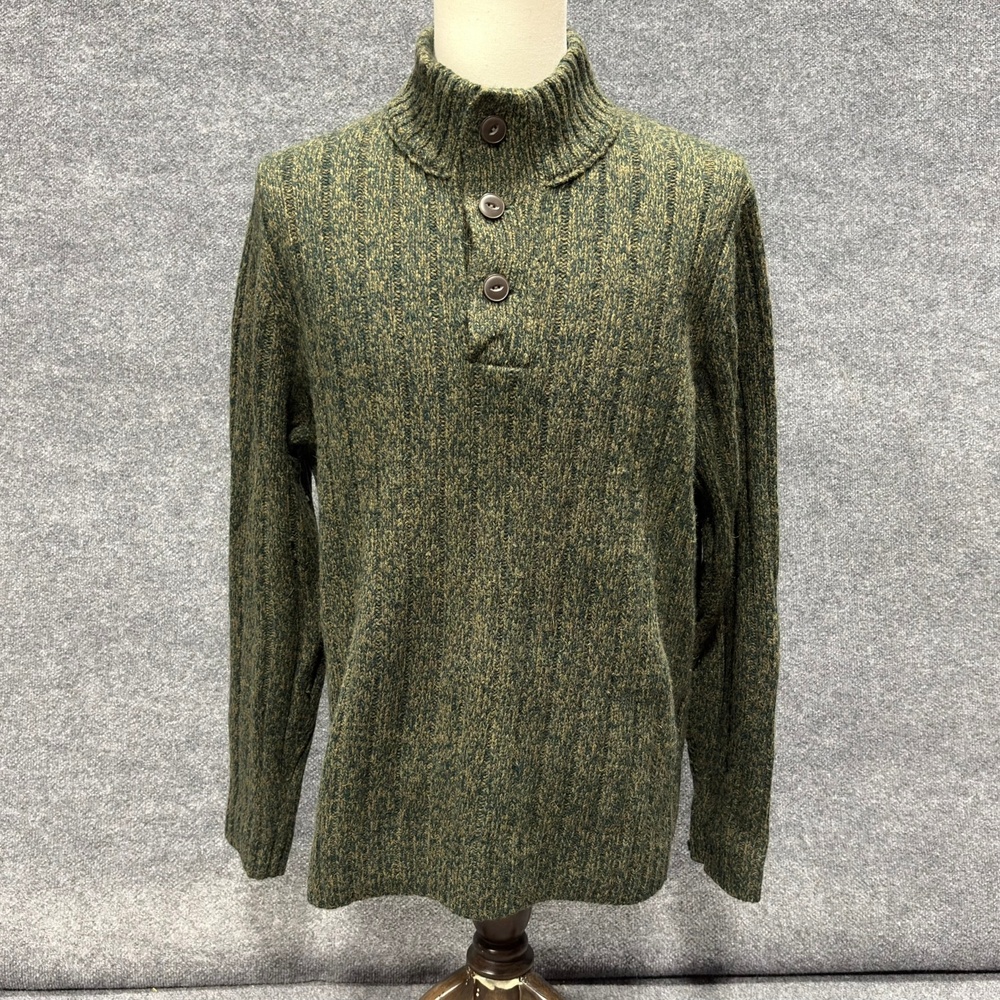 Eddie Bauer Sweater Mens XLT Green Wool Nylon Mock Neck Henley Knit Pullover